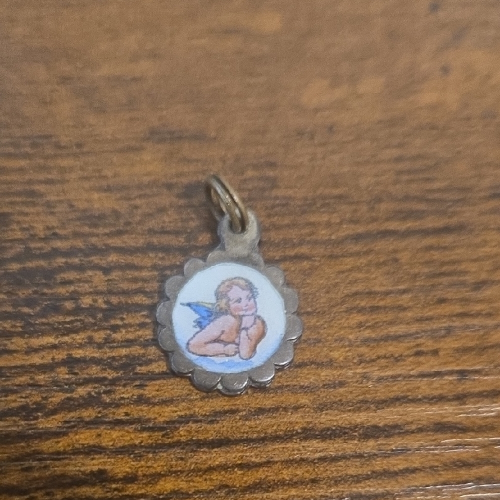 Tiny Vintage 70's European Enamel And Silver Angel Pendant Charm